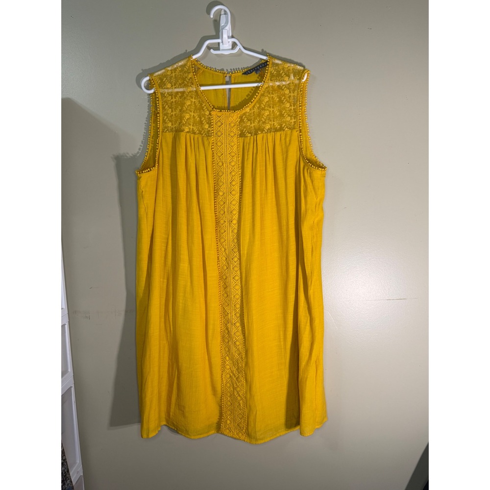 Sharagano Whimsy Mustard Yellow Lace Yoke Pom Pom Trim Shift Dress 2X